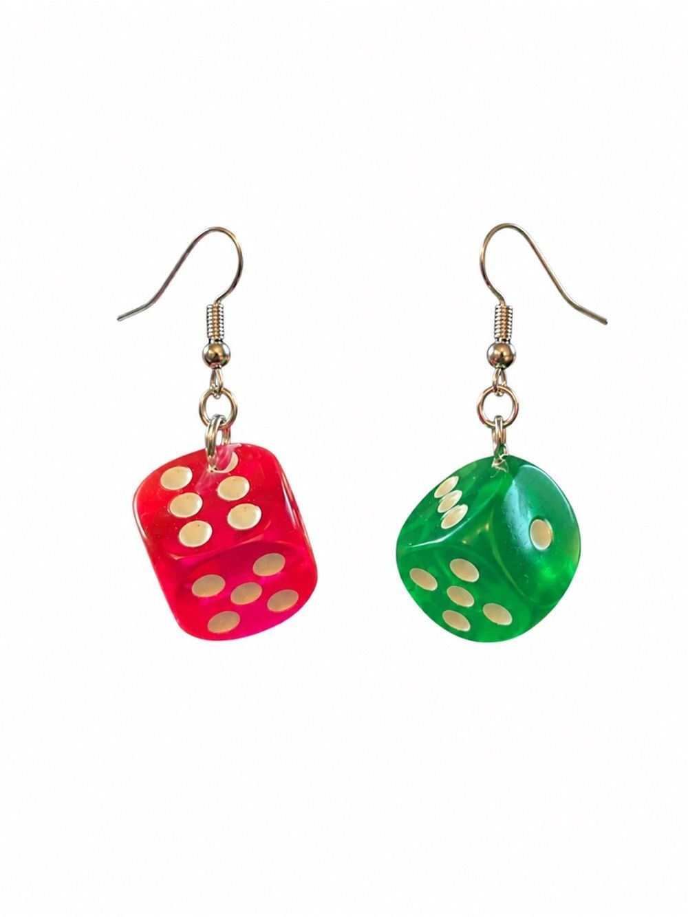 Handmade Mismatched Pink and Green Dice Earrings Y2K Gamer Kawaii Casino Core - Picture 3 of 3
